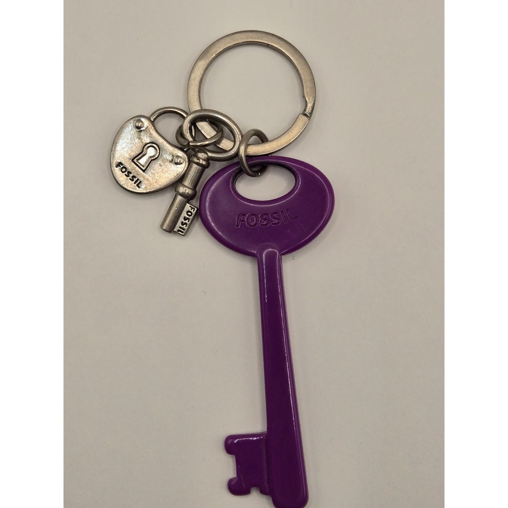 Fossil Purple Oversized Key Keychain Silver Heart Padlock Skeleton Key Charm